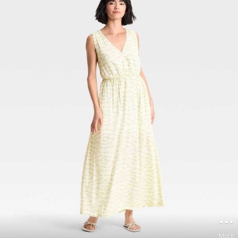 A New Day Size S Women's Maxi Open Back‎ Sundress Cream Green Coastal Sardine L